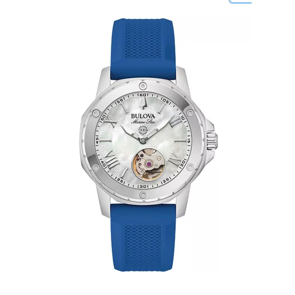 Bulova Marine Star Automatic Blue Silicone Strap Watch 96P228 White MOP Dial